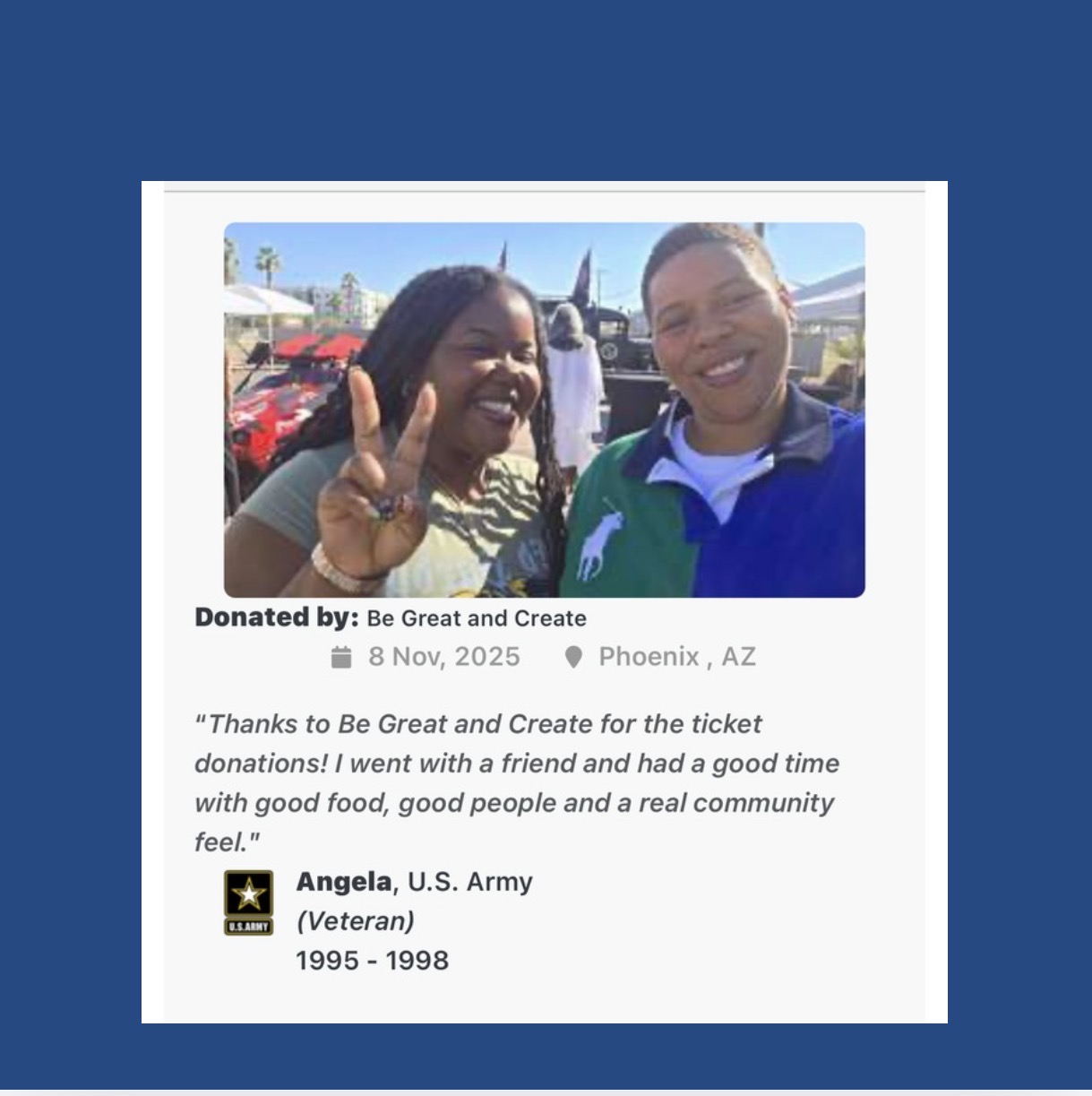 Community event feedback from a U.S. Army veteran