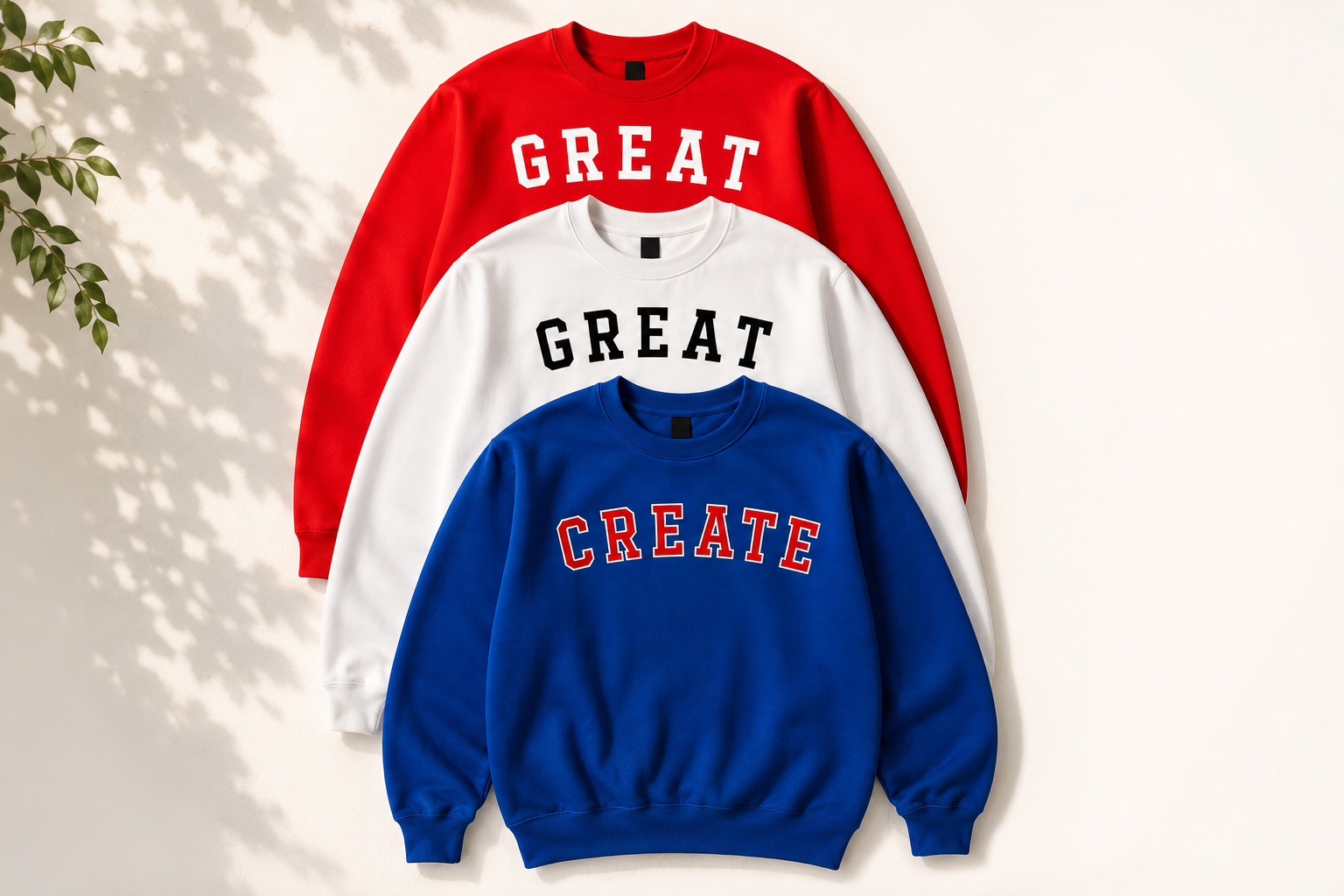 Red, off-white, and blue Be Great & Create crewneck sweatshirts