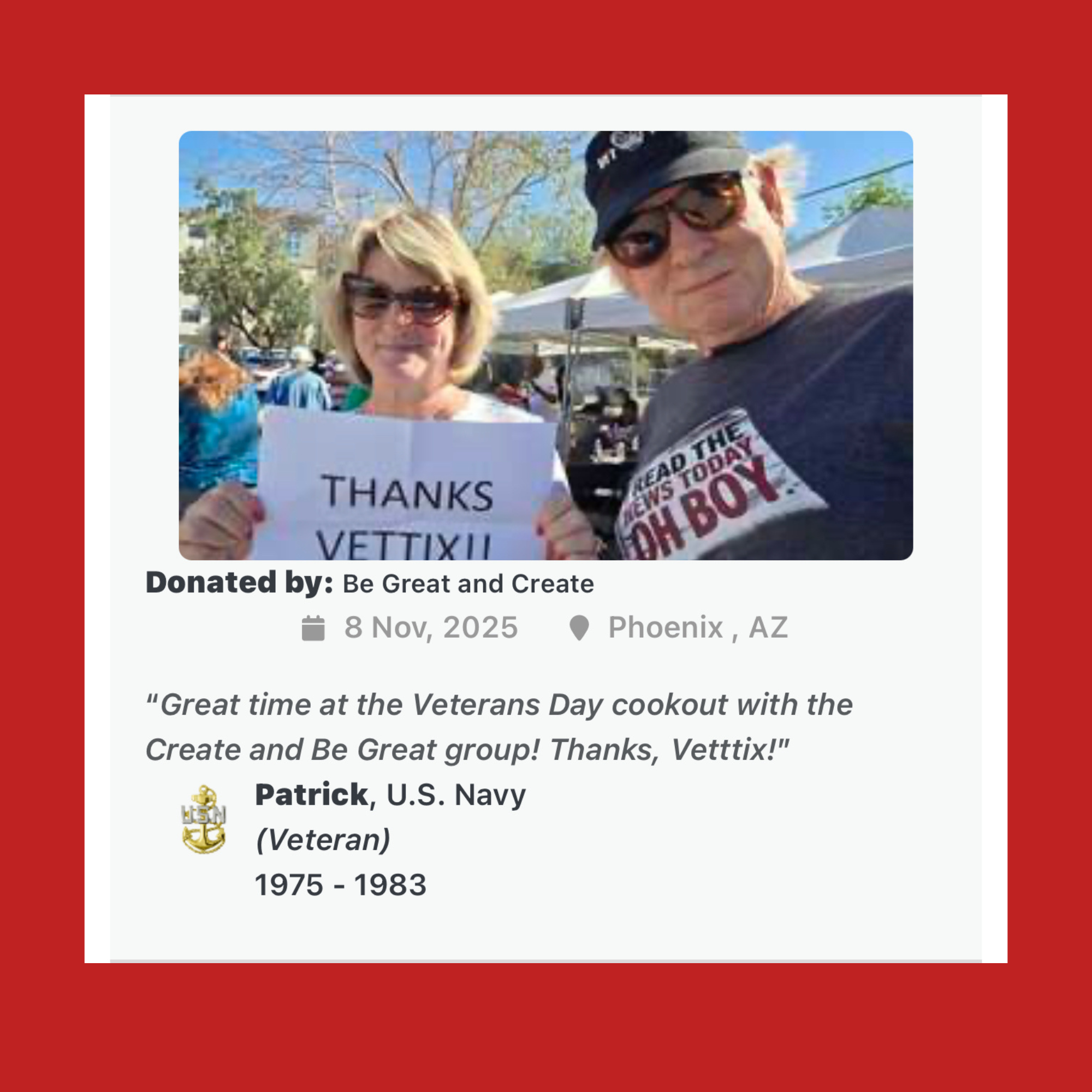 Veterans Day Cookout event feedback from a community member