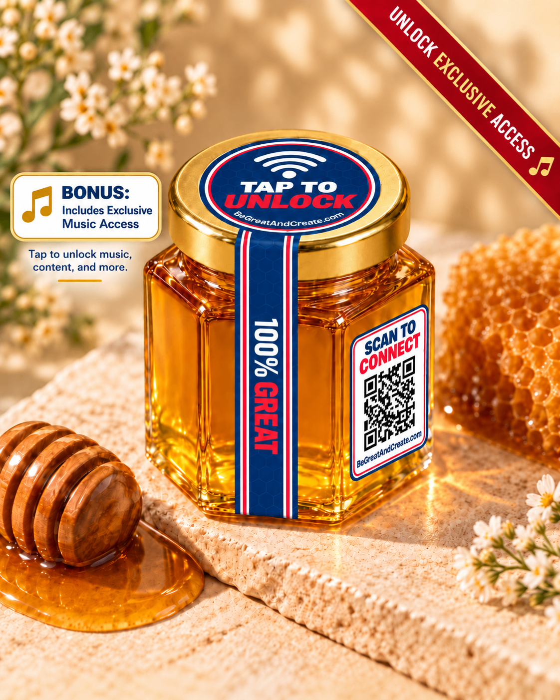 Creative Honey jar with a tap-to-unlock SCAN lid beside fresh honeycomb