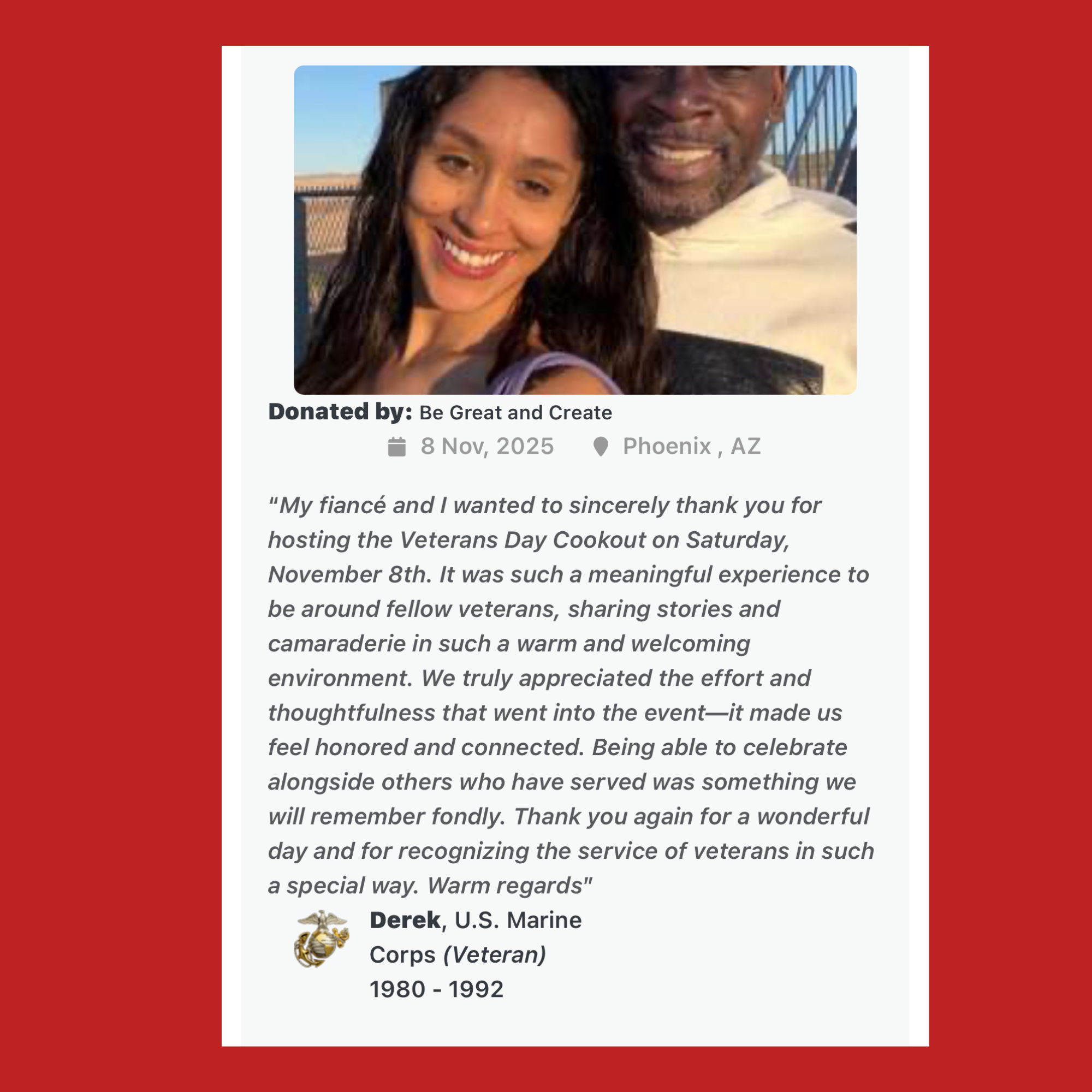 Veterans Day Cookout event feedback from a community member