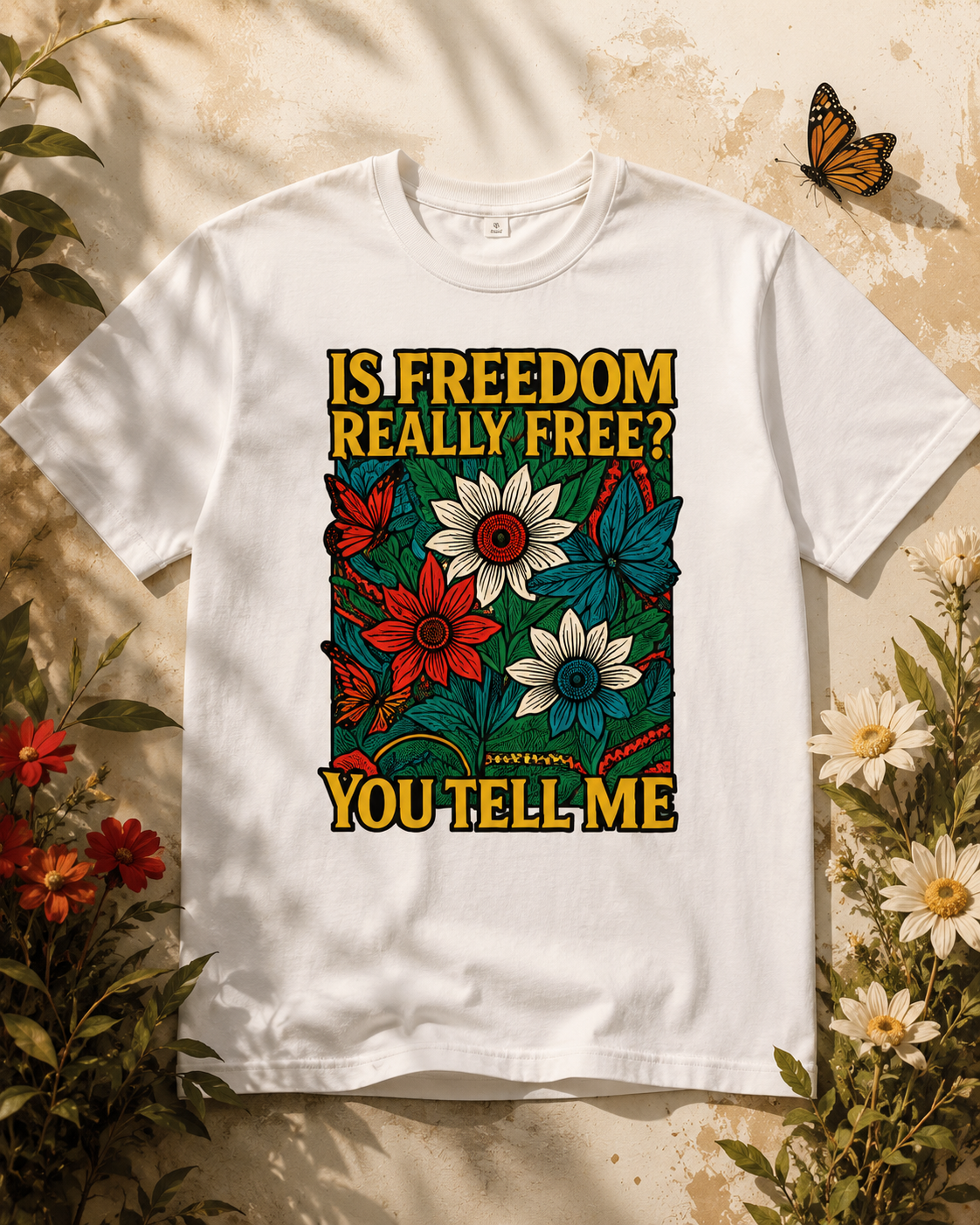 White Freedom Tee with a bold floral 'Is freedom really free? You tell me' graphic